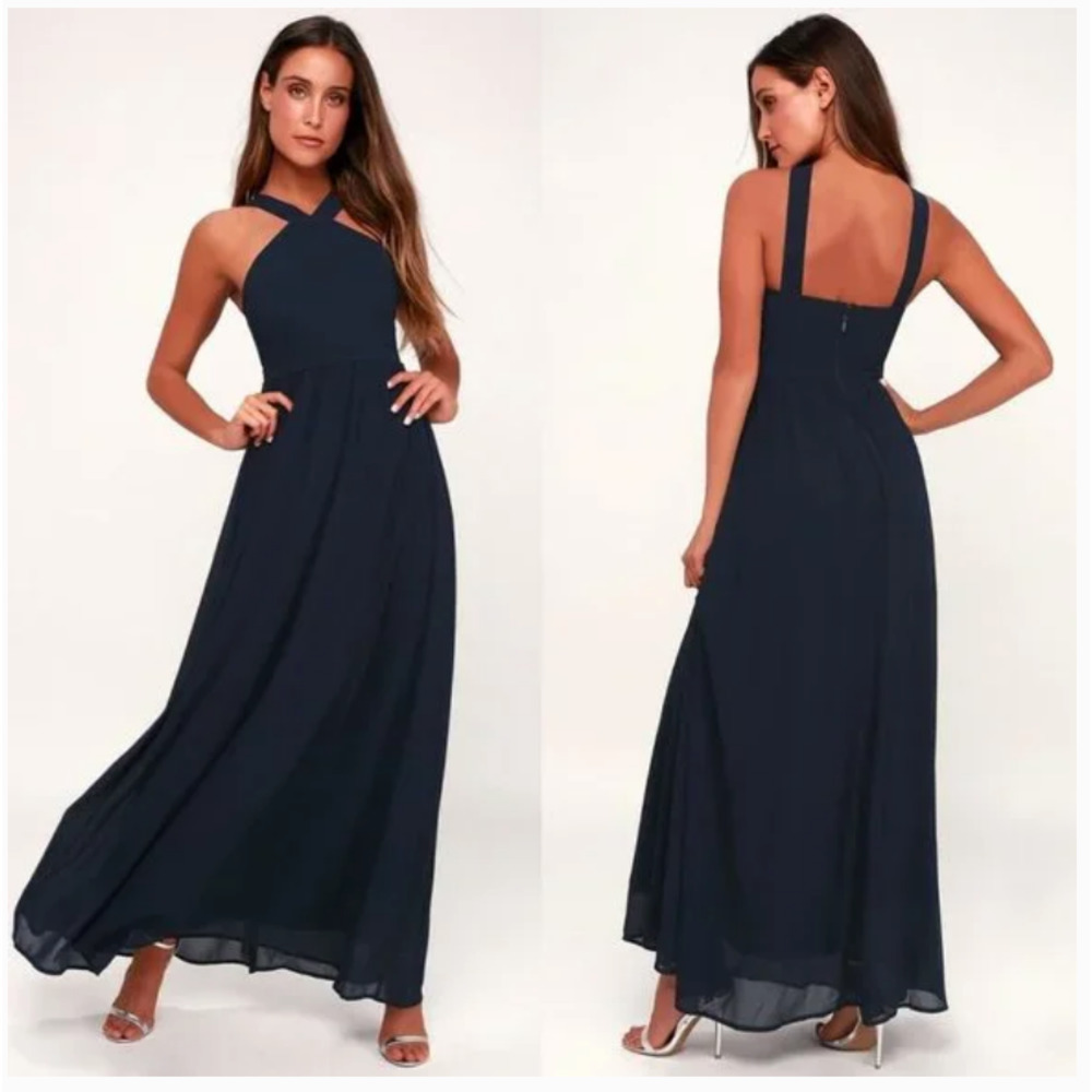 Lulu's Navy Blue Cross-Neck Maxi Dress